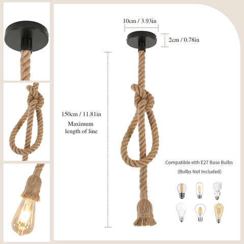 Lustre Suspension Industrielle, Lustre Corde de Chanvre Tête Unique, Suspension Luminaire E27 Rétro pour Salle à Manger Restaurant Bar, 150 cm