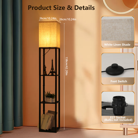 Minimalistische zwarte metalen vloerlamp met planken en linnen lampenkap - L26xB26xH158 cm, voetschakelaar, E27 fitting (lamp niet inbegrepen), Europese stekker