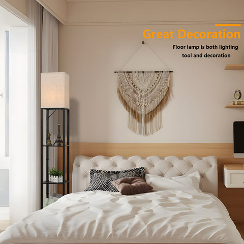 Minimalistische zwarte metalen vloerlamp met planken en linnen lampenkap - L26xB26xH158 cm, voetschakelaar, E27 fitting (lamp niet inbegrepen), Europese stekker