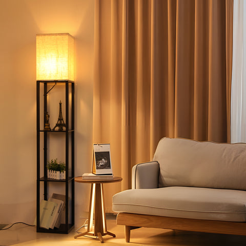 Minimalistische zwarte metalen vloerlamp met planken en linnen lampenkap - L26xB26xH158 cm, voetschakelaar, E27 fitting (lamp niet inbegrepen), Europese stekker