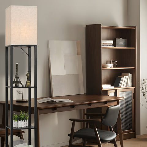 Minimalistische zwarte metalen vloerlamp met planken en linnen lampenkap - L26xB26xH158 cm, voetschakelaar, E27 fitting (lamp niet inbegrepen), Europese stekker