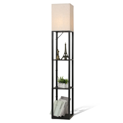 Minimalistische zwarte metalen vloerlamp met planken en linnen lampenkap - L26xB26xH158 cm, voetschakelaar, E27 fitting (lamp niet inbegrepen), Europese stekker