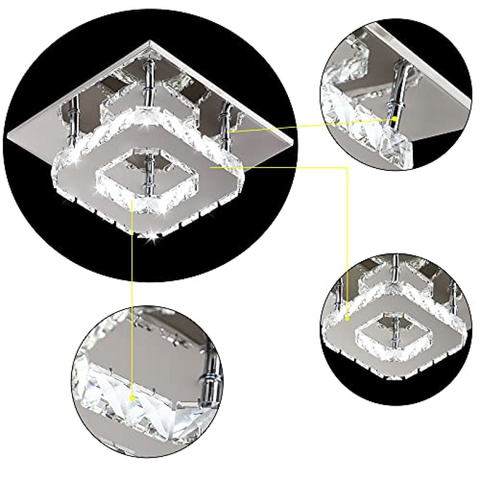Plafoniera cristallo a LED 3000K,Quadrato Lampadario Soggiorno in Cristallo, LED Integrati 15W Lampadario cucina,Cristallo Plafoniere led a Soffitto Modern acciaio inossidabile lampada da soffitto