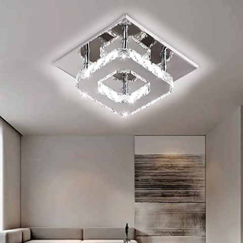 Plafoniera cristallo a LED 3000K,Quadrato Lampadario Soggiorno in Cristallo, LED Integrati 15W Lampadario cucina,Cristallo Plafoniere led a Soffitto Modern acciaio inossidabile lampada da soffitto