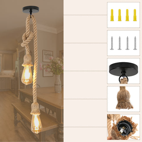 Żyrandol w stylu vintage, przemysłowa lampa wisząca, żarówka E27 z czarnej liny konopnej