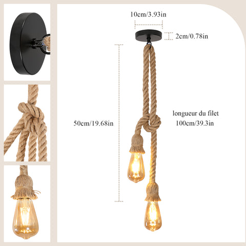 Żyrandol w stylu vintage, przemysłowa lampa wisząca, żarówka E27 z czarnej liny konopnej