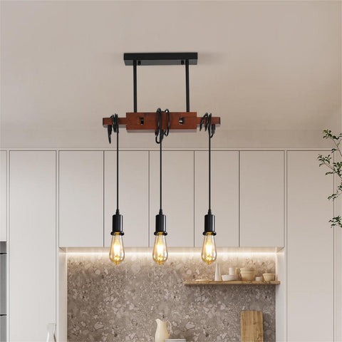 Przemysłowa lampa wisząca, zabytkowa drewniana lampa sufitowa, żyrandole E27 z 3 lampami, regulowany kabel 120 cm, do kuchni, jadalni Cafe Bar (bez żarówki)