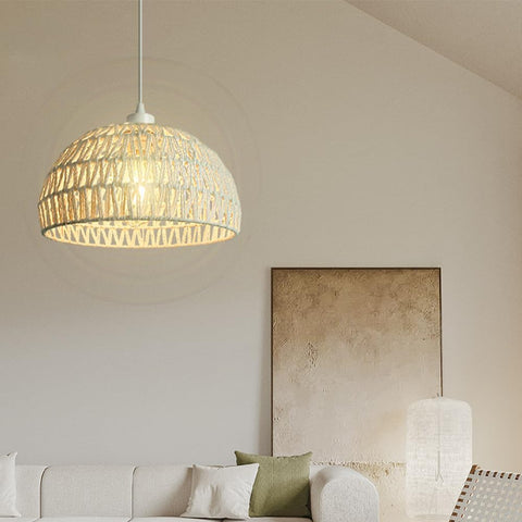 Suspension Luminaire en Rotin Moderne Lustre Abat-jour en Rotin Naturel Lampe Suspendue Hauteur Réglable E27 Suspension pour Cuisine Chambre Salon Café (Blanc)