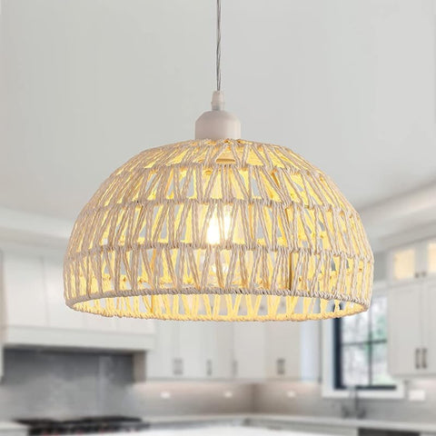 Suspension Luminaire en Rotin Moderne Lustre Abat-jour en Rotin Naturel Lampe Suspendue Hauteur Réglable E27 Suspension pour Cuisine Chambre Salon Café (Blanc)