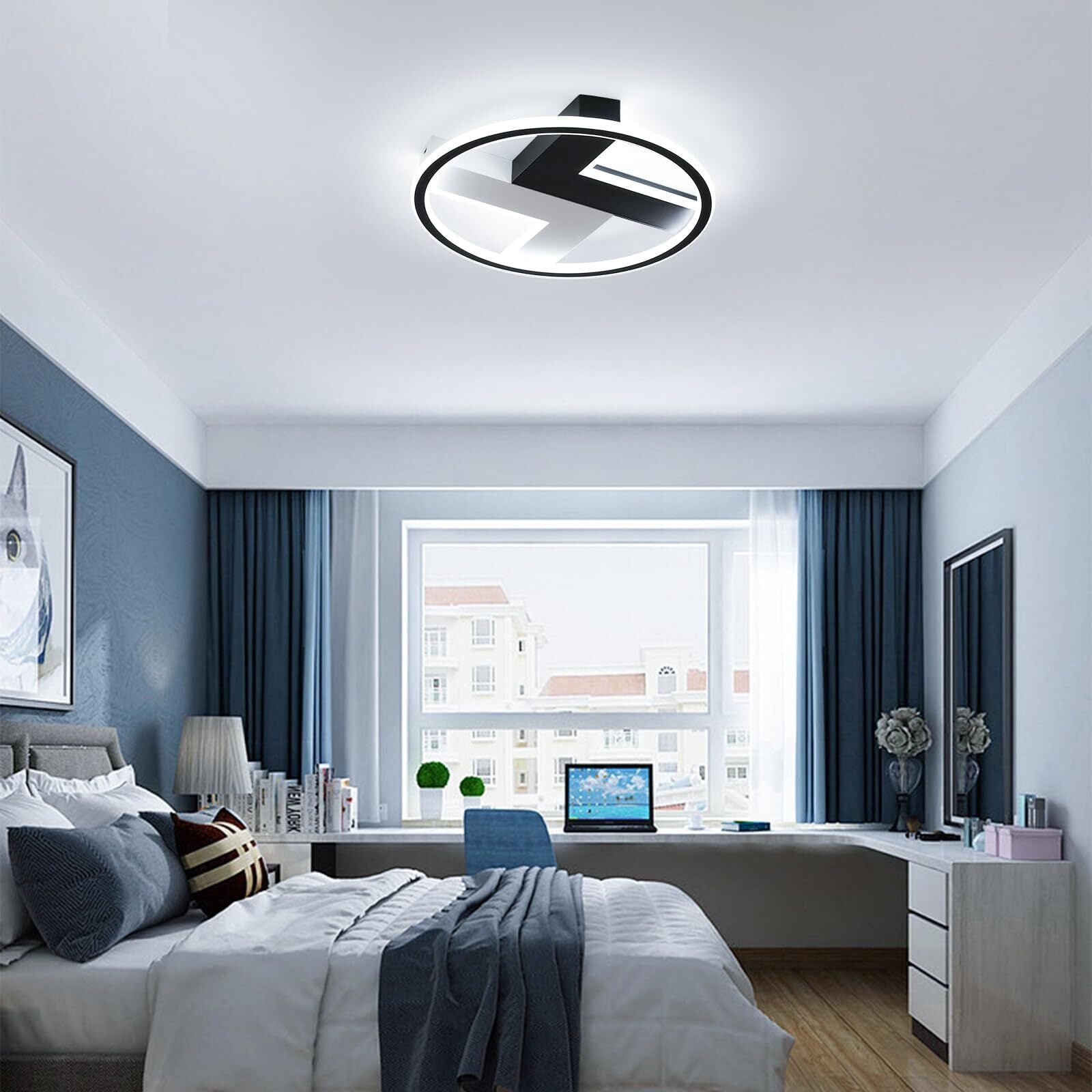 Plafonnier LED Moderne, Rond Noir + Blanc, 6500K Lumière Blanche Froide