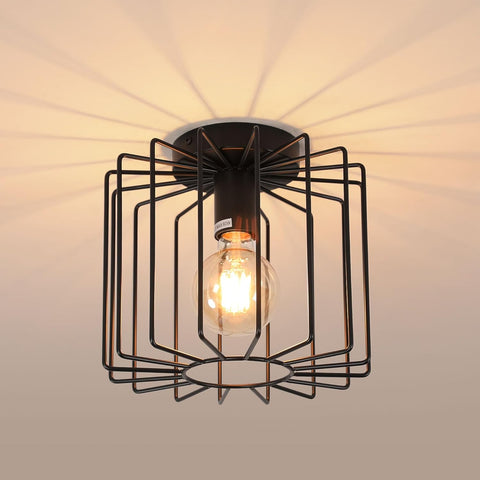 Plafonnier Vintage E27, Luminaire Métal Cage Noir, Suspension Cage Cube Luminaire