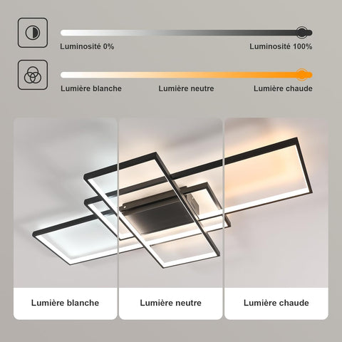 Plafonnier Led Dimmable Moderne Dimmable 3000K-6000K Rectangle Lampe de Plafond Pour salon chambre à coucher salle à manger bureau Noir