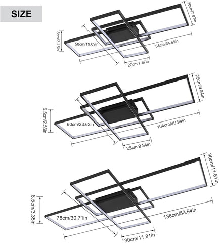 Plafonnier Led Dimmable Moderne Dimmable 3000K-6000K Rectangle Lampe de Plafond Pour salon chambre à coucher salle à manger bureau Noir