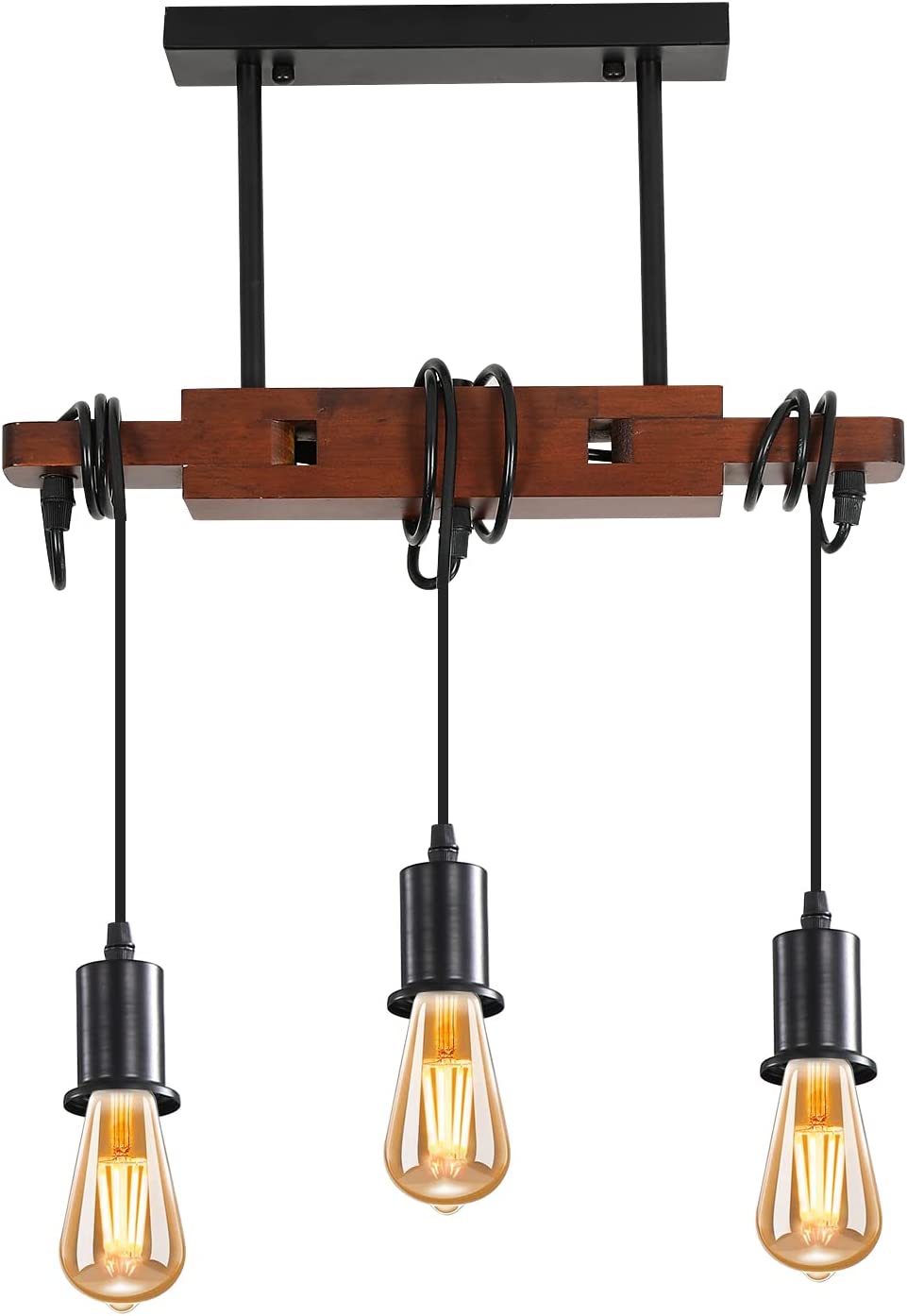 Suspension Luminaire Industrielle, Lampe de Plafond Vintage en bois, E27 Lustre Lumières avec 3 Lampe, Câble Réglable 120CM, pour Cuisine Salle à Manger Café Bar (Sans Ampoule)