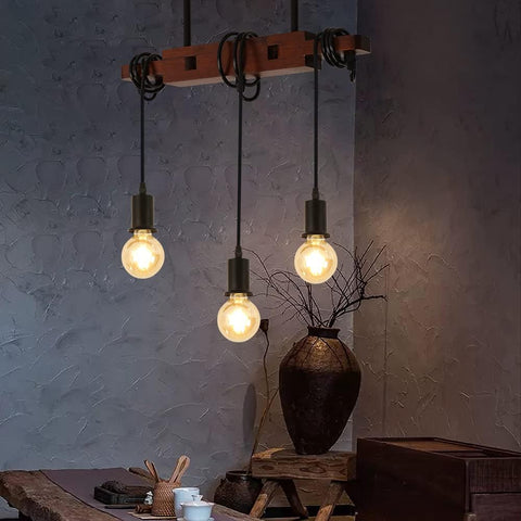 Przemysłowa lampa wisząca, zabytkowa drewniana lampa sufitowa, żyrandole E27 z 3 lampami, regulowany kabel 120 cm, do kuchni, jadalni Cafe Bar (bez żarówki)