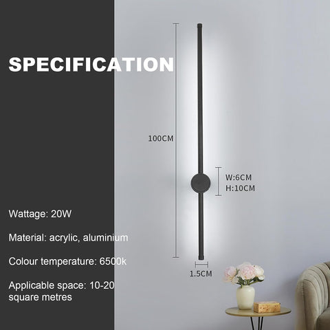 Applique Murale Intérieur, Applique Murale Led 360° Rotative 6500K Blanc Froid, Lampe Murale Moderne Noir pour Chambre Salon Salle à Manger Couloir Escalier 100cm