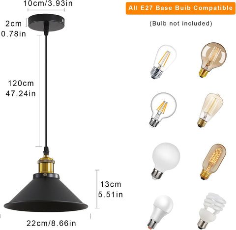 Suspension Luminaire Industrielle Lustre Plafonnier Noir, Φ22 cm pour ampoules E27 Lustre Plafonnier Vintage Culot Abat-jour en Métal 2 Pack