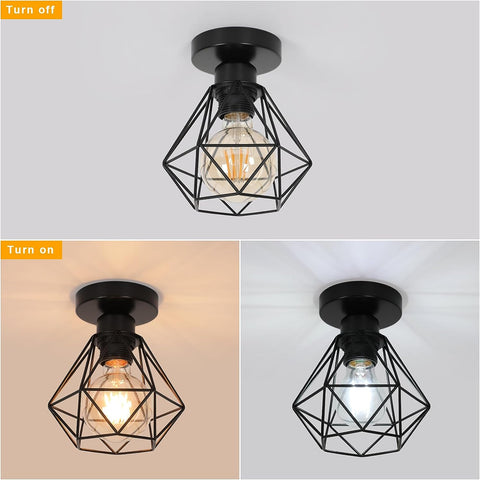 Industriële plafondlamp E27, vintage metalen kooilamp, zwarte plafondhangende verlichting voor keuken slaapkamer woonkamer gang café bar (2 stuks)