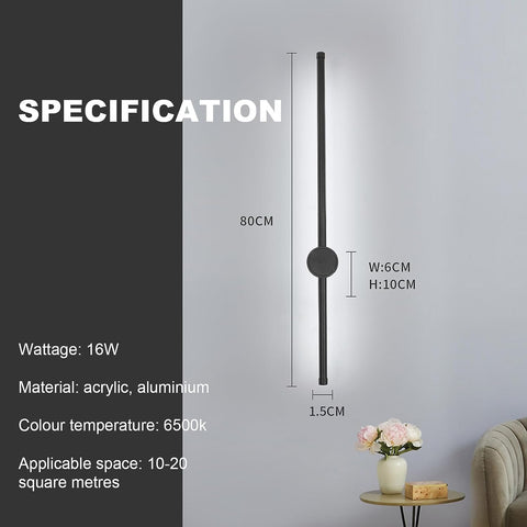 Wandlamp voor binnen, led-wandlamp 360° draaibaar 6500K koel wit, moderne zwarte wandlamp voor slaapkamer woonkamer eetkamer hal trap 80cm