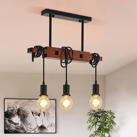 Przemysłowa lampa wisząca, zabytkowa drewniana lampa sufitowa, żyrandole E27 z 3 lampami, regulowany kabel 120 cm, do kuchni, jadalni Cafe Bar (bez żarówki)