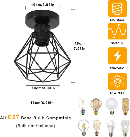 Industriële plafondlamp E27, vintage metalen kooilamp, zwarte plafondhangende verlichting voor keuken slaapkamer woonkamer gang café bar (2 stuks)