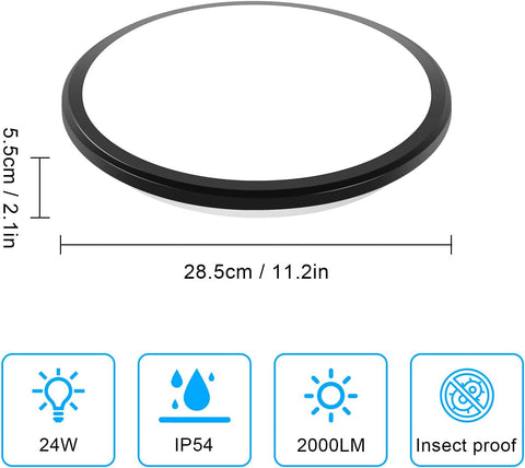 Lampa sufitowa LED, 24W 2000 lm chłodne białe światło 6500K okrągła wodoodporna lampa sufitowa IP54, oprawa sufitowa LED do łazienki salon sypialnia kuchnia