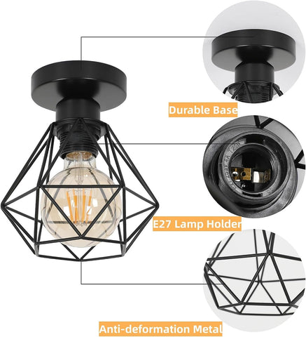 Industriële plafondlamp E27, vintage metalen kooilamp, zwarte plafondhangende verlichting voor keuken slaapkamer woonkamer gang café bar (2 stuks)