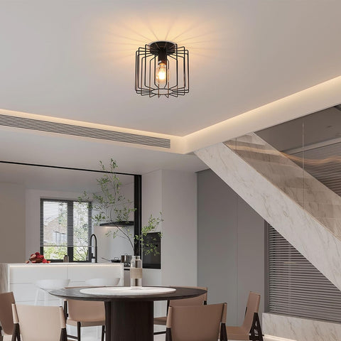 Plafonnier Vintage E27, Luminaire Métal Cage Noir, Suspension Cage Cube Luminaire
