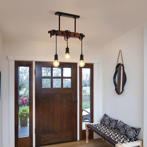 Przemysłowa lampa wisząca, zabytkowa drewniana lampa sufitowa, żyrandole E27 z 3 lampami, regulowany kabel 120 cm, do kuchni, jadalni Cafe Bar (bez żarówki)