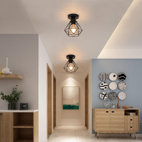 Industriële plafondlamp E27, vintage metalen kooilamp, zwarte plafondhangende verlichting voor keuken slaapkamer woonkamer gang café bar (2 stuks)