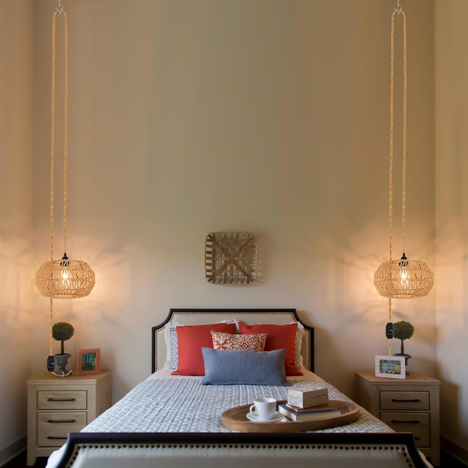 Rattanowa lampa wisząca, żyrandol sufitowy E27 w stylu vintage, przełącznik ściemniania, żyrandol do sypialni, salon, lampa sufitowa (bez żarówki)