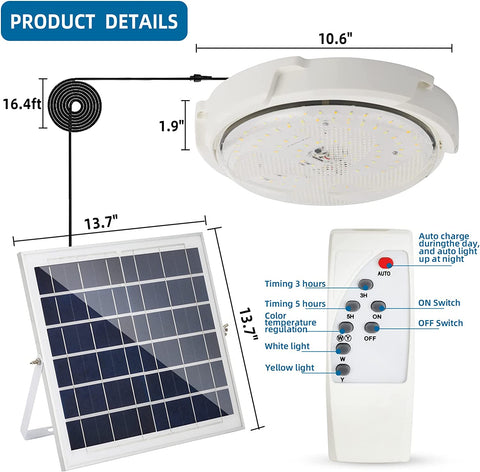 Zewnętrzna lampa sufitowa na energię słoneczną z pilotem, wodoodporne oświetlenie słoneczne IP54 do ogrodu, 80 W, regulowana temperatura barwowa 3000 K/4500 K/6000 K