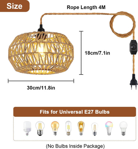 Rattanowa lampa wisząca, żyrandol sufitowy E27 w stylu vintage, przełącznik ściemniania, żyrandol do sypialni, salon, lampa sufitowa (bez żarówki)