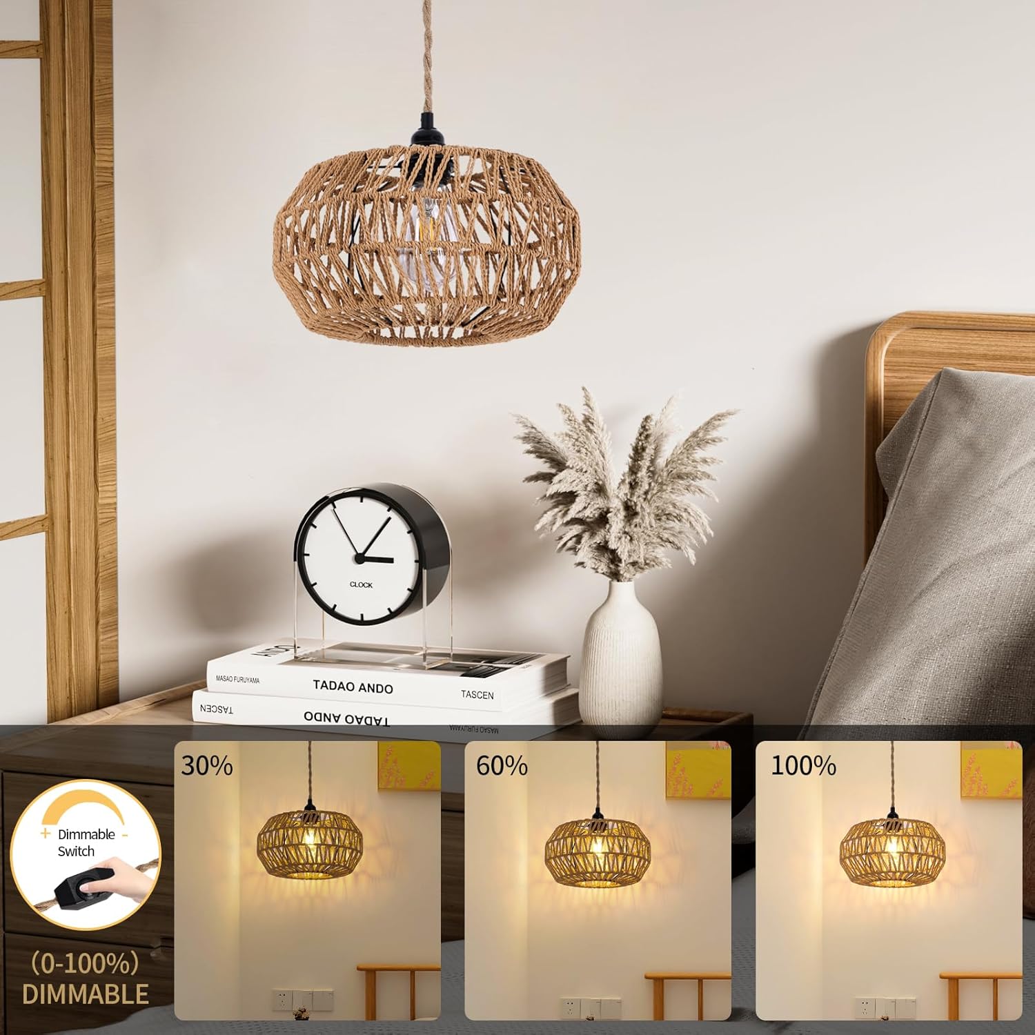 Rattanowa lampa wisząca, żyrandol sufitowy E27 w stylu vintage, przełącznik ściemniania, żyrandol do sypialni, salon, lampa sufitowa (bez żarówki)