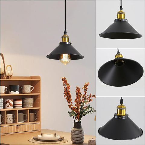 Suspension Luminaire Industrielle Lustre Plafonnier Noir, Φ22 cm pour ampoules E27 Lustre Plafonnier Vintage Culot Abat-jour en Métal 2 Pack