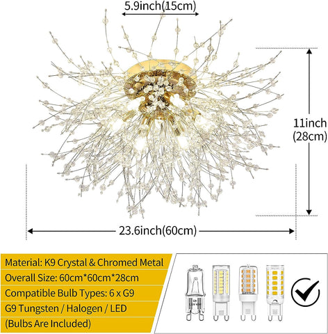 Lámpara de techo LED Lámpara de cristal Lámpara colgante de cristal moderna K9 Luz de techo Temperatura de color ajustable 3000K/4500K/6500K 6 G9 Lámpara de techo dorada