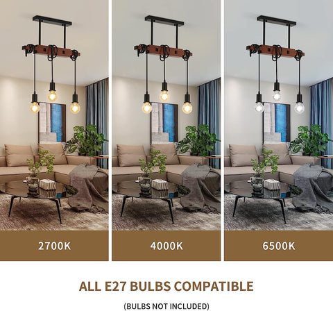 Przemysłowa lampa wisząca, zabytkowa drewniana lampa sufitowa, żyrandole E27 z 3 lampami, regulowany kabel 120 cm, do kuchni, jadalni Cafe Bar (bez żarówki)