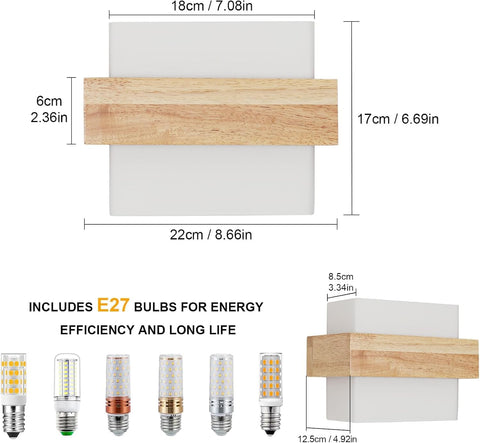 Wewnętrzna Lampa Ścienna z Drewna E27 z Żarówką 12W Trzy Kolory