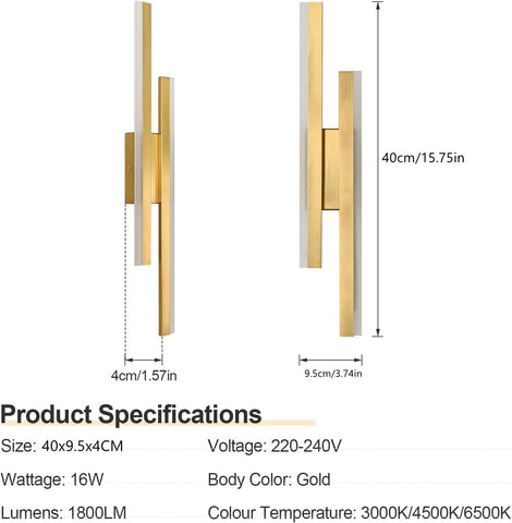 16W Modern Gold LED Wall Light 3 Color Temperatures 1800LM