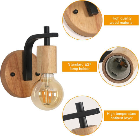 Juego de 2 Apliques de Pared Vintage Madera y Metal Negro E27