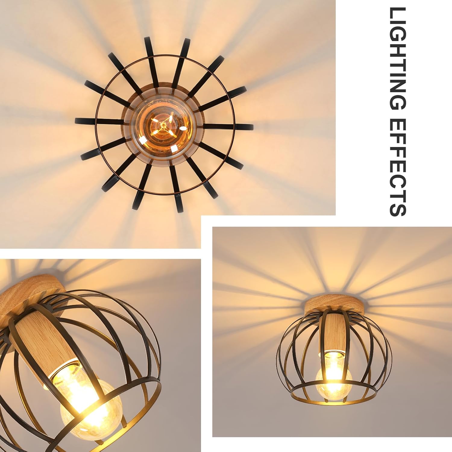 Industrial Ceiling Light Wood & Metal – Black Cage E27