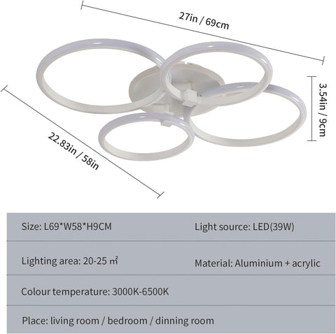 Plafonnier LED Moderne à 4 Anneaux, 39W