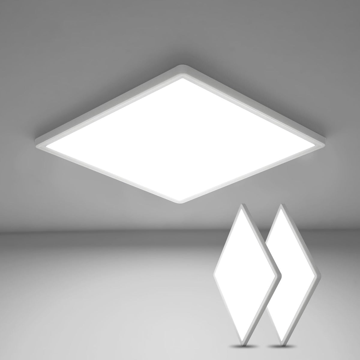 Luz de techo LED ultrafina de 2 piezas, cuadrado blanco * 30 cm, luz blanca fría de 24 W 6500 K, para baño de dormitorio