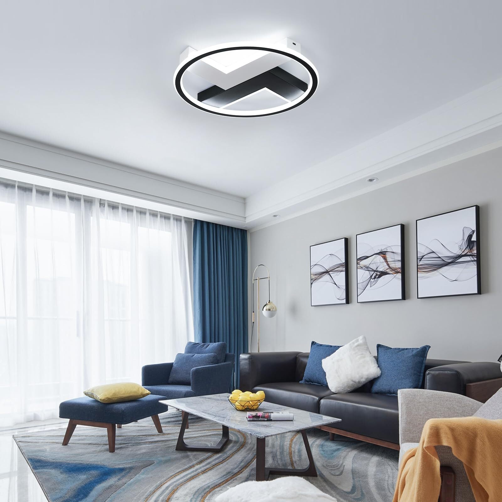 Plafonnier LED Moderne, Rond Noir + Blanc, 6500K Lumière Blanche Froide