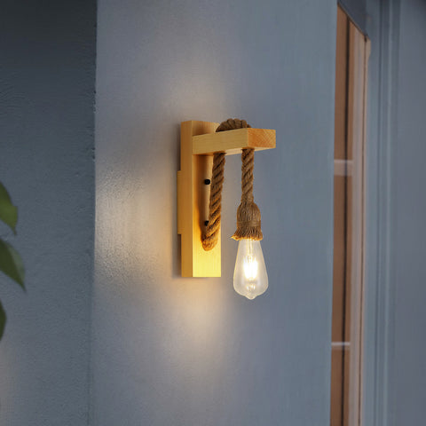 Retro houten wandlamp, industriële vintage wandspots, E27 creatieve henneptouw wandlampen voor slaapkamer, balkon, gang, keuken, trap