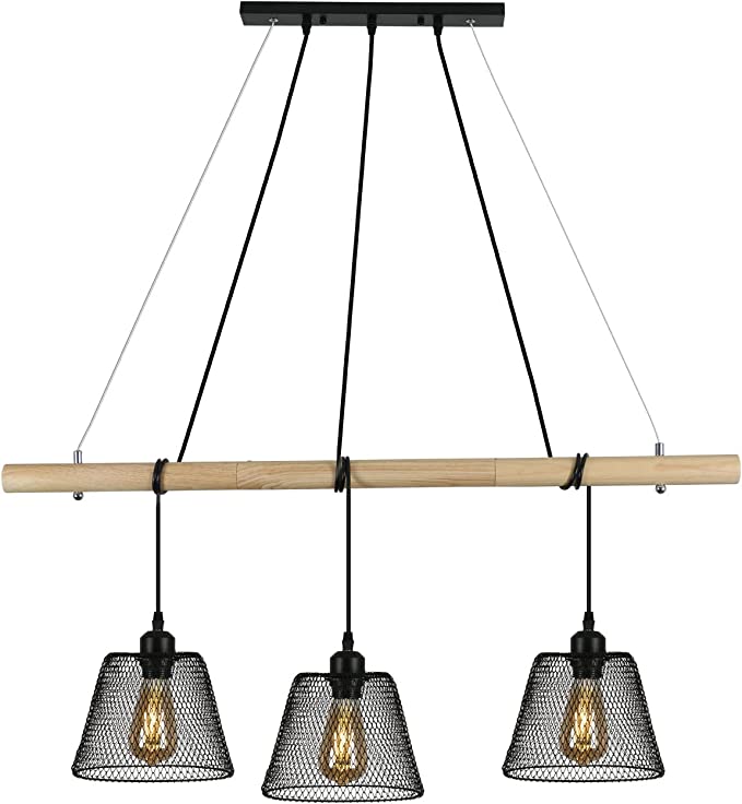 3 Lampes Suspension Luminaire Vintage Industrielle, Lustre en bois d'épissure suspendus au design industriel, lustre salon industriel avec douille E27, lampe pendante en acier pour Salle à Manger