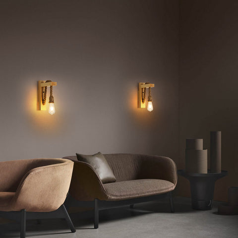 Retro houten wandlamp, industriële vintage wandspots, E27 creatieve henneptouw wandlampen voor slaapkamer, balkon, gang, keuken, trap