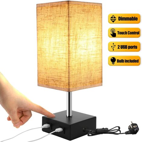 Lampe de Chevet Tactile Dimmable 2 USB Avec Ampoule E27 Abat-jour en Tissu Beige Lampe de Table pour Chevet Bar Chambre Salon Hotêl Café Chambre d'Enfant Salon Bureau (Sans Ampoule )