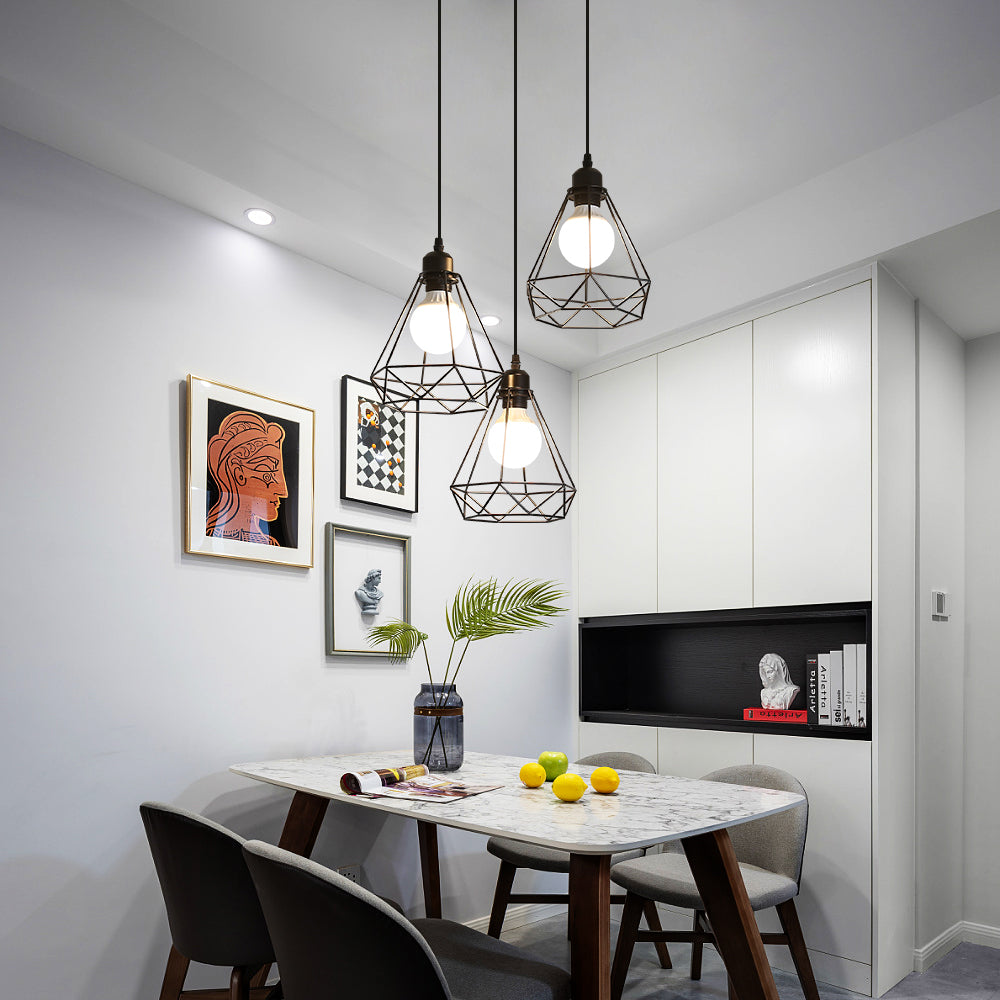 3 Vintage przemysłowe lampy wiszące Metalowy żyrandol Lampa wisząca Geometryczna klatka w stylu E27 Vintage Lampa wisząca - czarna