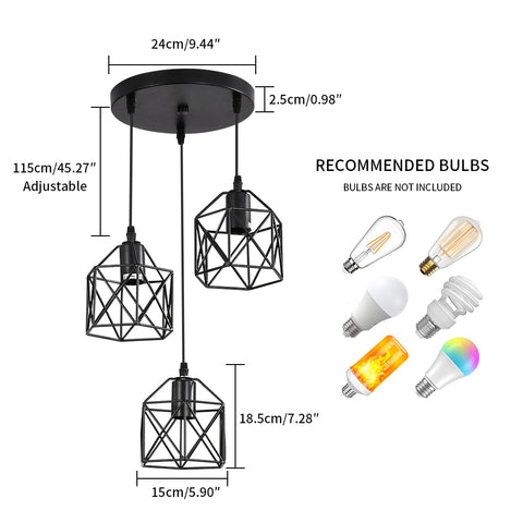 Suspension Luminaire Vintage Noir, Métal Cage Noir Vintage, Plafonnier Industriel, 3 Lumières E26 (Ampoule Non Incluse)